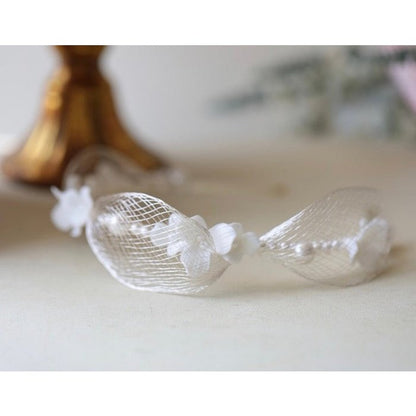 Romantic Silver Mesh Bridal Headband-Ceramic Flowers