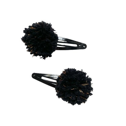 Luna-Leena haarclips pom pom 2x - zwart & goud - zachte wol - handgemaakt in Nepal