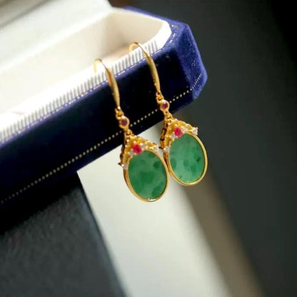 Vintage style oval jade earrings with ruby