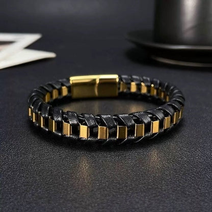 Men's Leather and Steel Fashion Bracelet