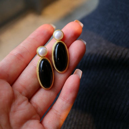 Modern Vintage Genuine Black Onyx Large Earrings with Freshwater Pearl-Gold Vermeil