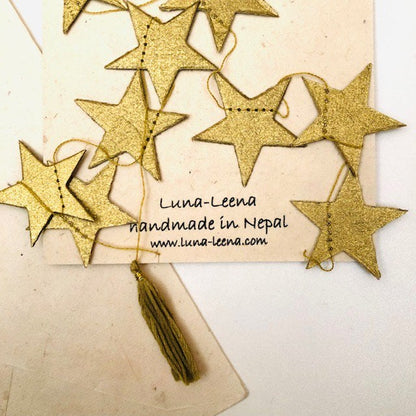 Luna-Leena 2x wenskaartenset + slinger sterren goud - verticaal - L1,15cm - goud - 100% milieuvriendelijk papier - handgemaakt in Nepal