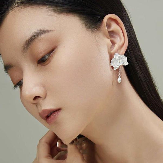 Blooming silver orchid earrings