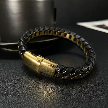 Men's Leather and Steel Fashion Bracelet