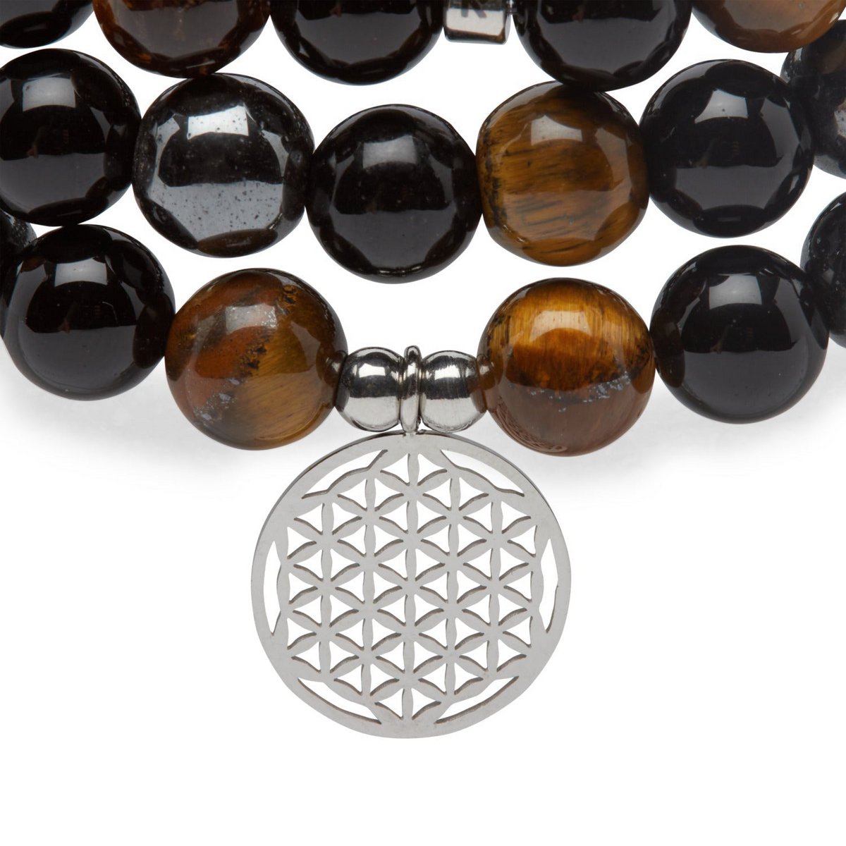 "Triple Protection" bracelet of 108 beads in Tiger Eye, Hematite and Black Obsidian