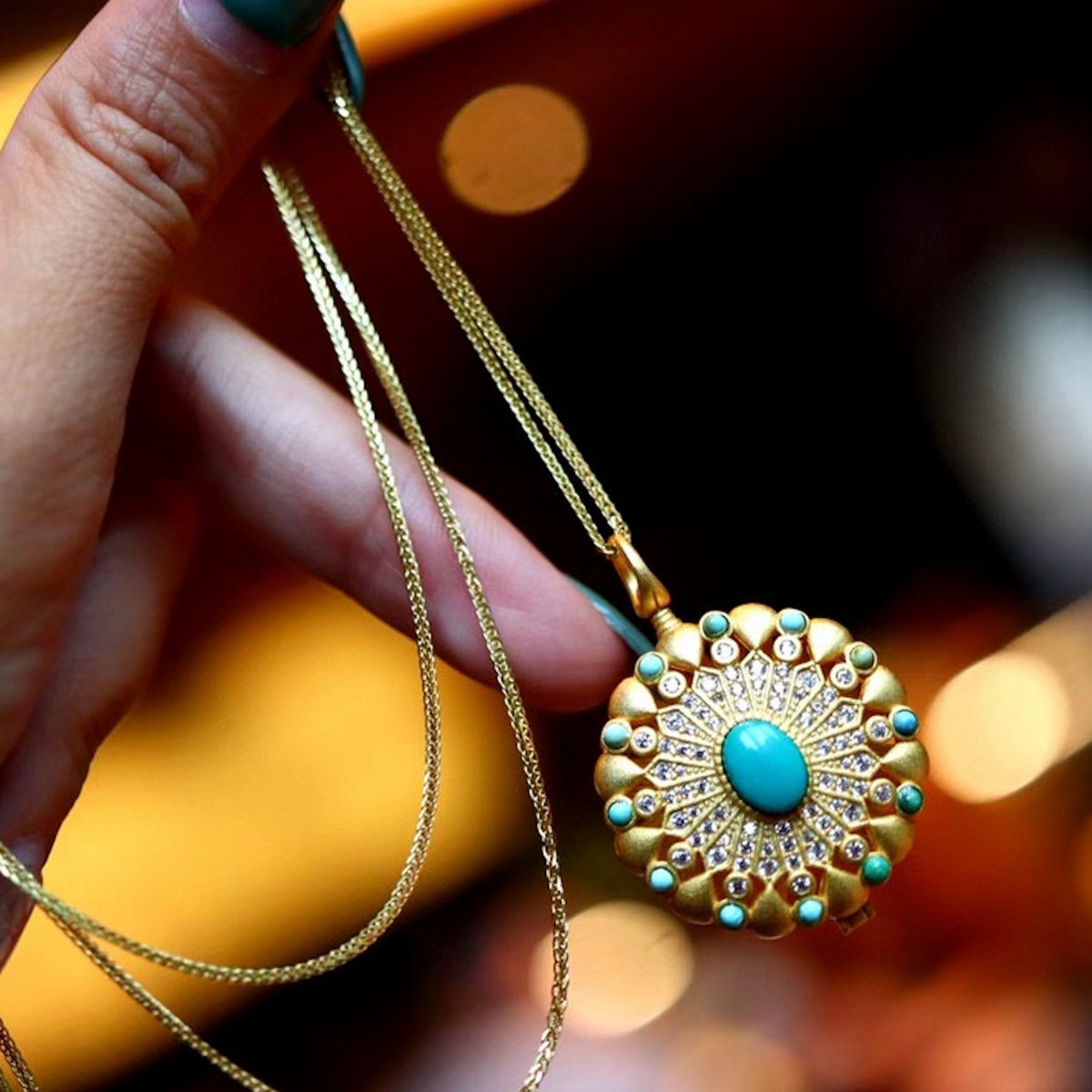 Tibetan turquoise Gau prayer box pendant necklace