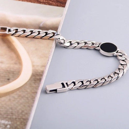 Sterling Silver Cuban Chain Bracelet - Black Onyx