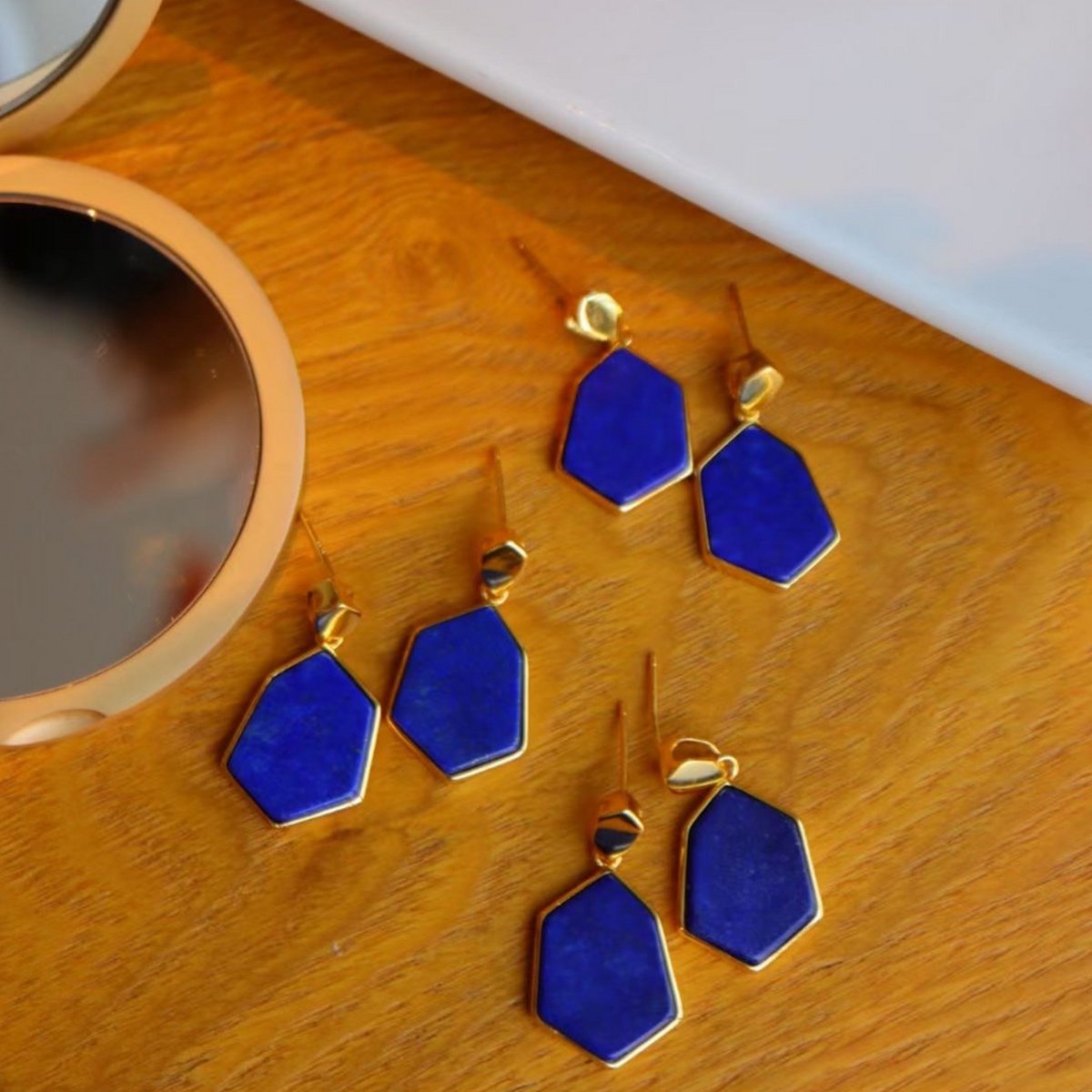 Vintage Inspired Natural Ocean Blue Lapis Lazuli Hexagon Drop Earrings - Gold Vermeil -AAAA Quality