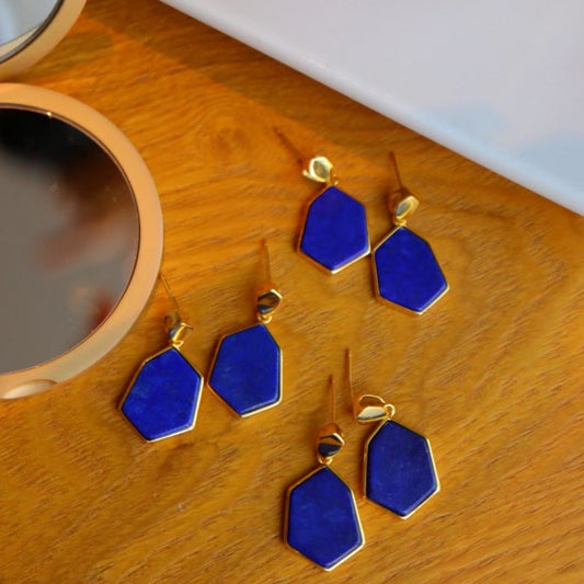 Vintage Inspired Natural Ocean Blue Lapis Lazuli Hexagon Drop Earrings - Gold Vermeil -AAAA Quality