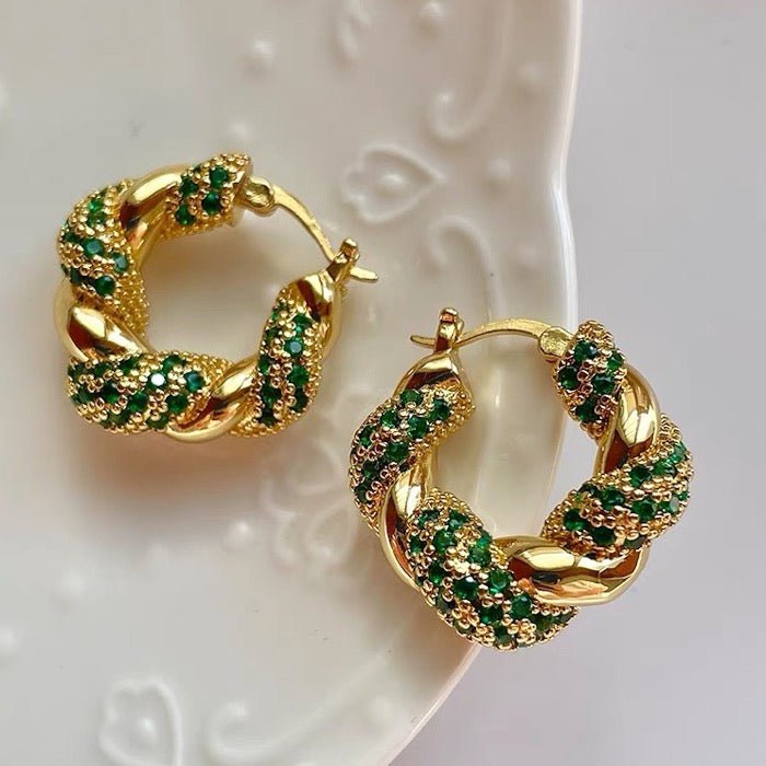 Vintage style braided earrings - green stones