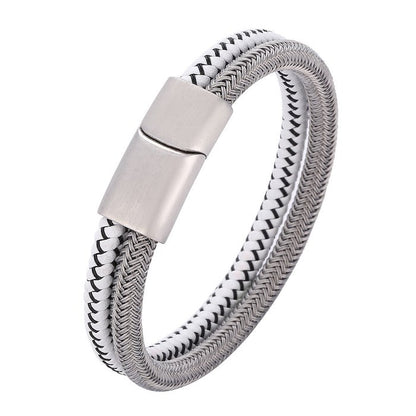 Silver braided bracelet - steel and white leather