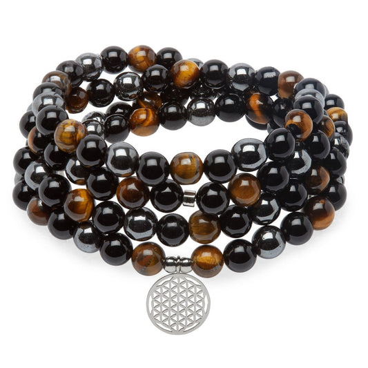 "Triple Protection" bracelet of 108 beads in Tiger Eye, Hematite and Black Obsidian