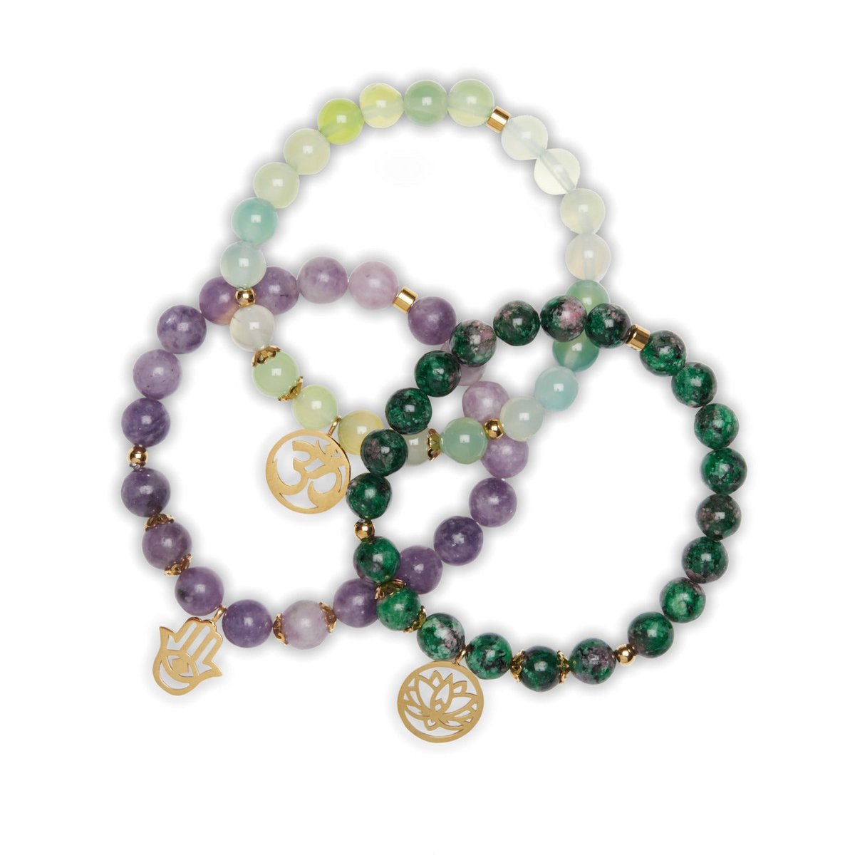 Triple bracelets "Emotional Liberation" in Lepidolite, Clinozoisite and Grape Agate