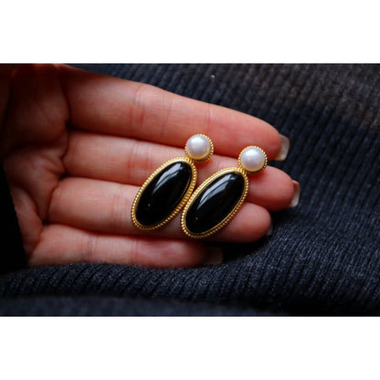 Modern Vintage Genuine Black Onyx Large Earrings with Freshwater Pearl-Gold Vermeil