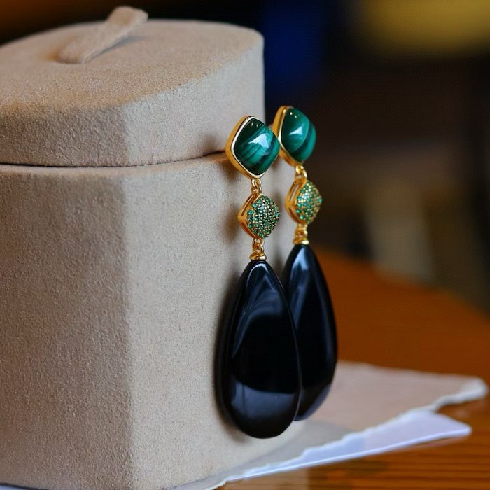 Black Onyx n Malachite Waterdrop Earrings