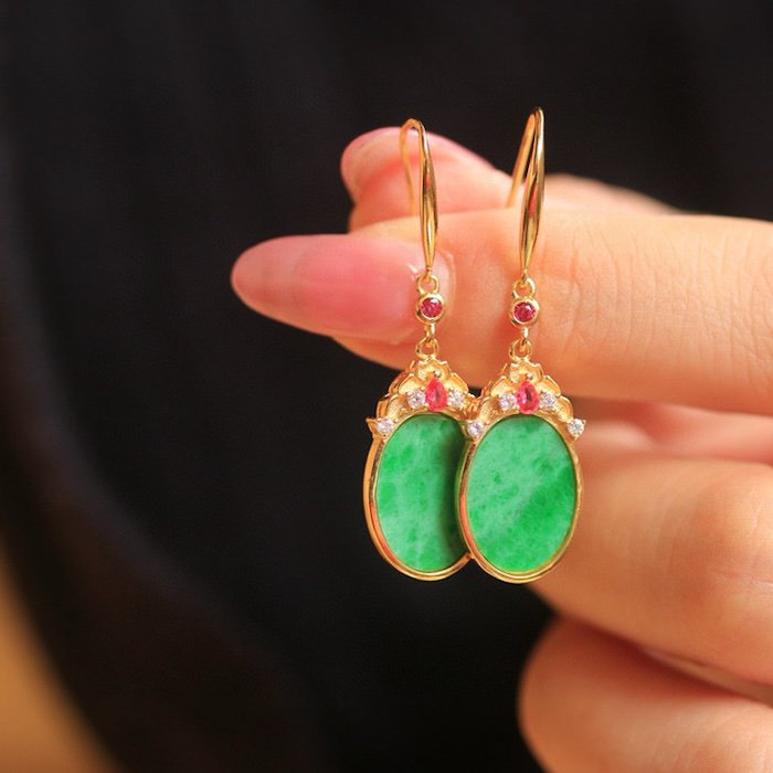 Vintage style oval jade earrings with ruby