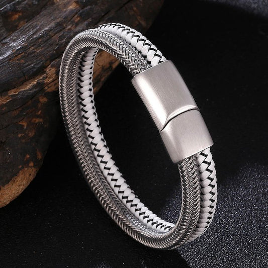 Silver braided bracelet - steel and white leather