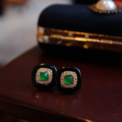 Modern Vintage Black Onyx Stud Earrings-Lapislazuli n Green Onyx