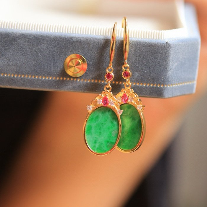 Vintage style oval jade earrings with ruby