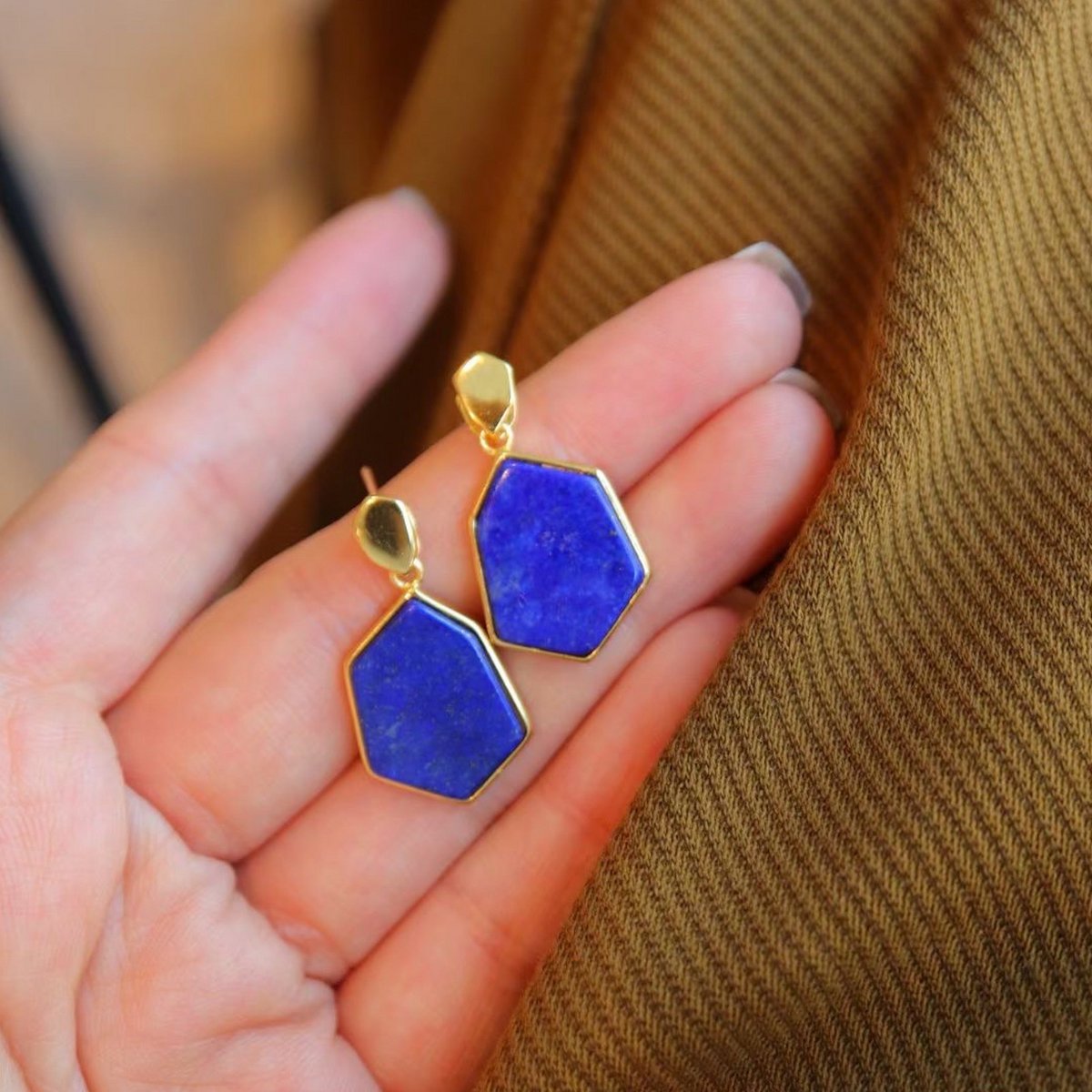 Vintage Inspired Natural Ocean Blue Lapis Lazuli Hexagon Drop Earrings - Gold Vermeil -AAAA Quality