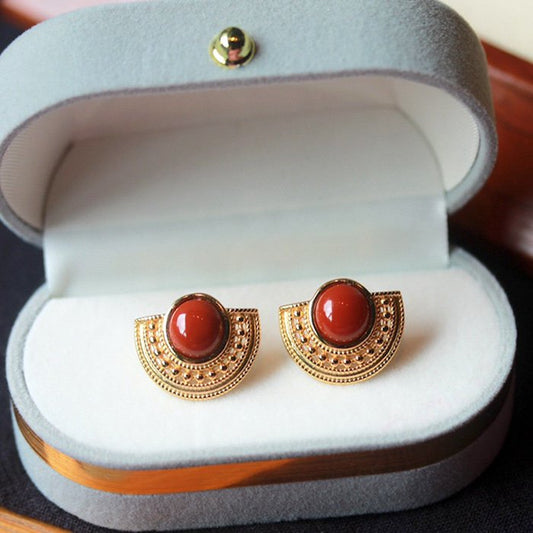 Vintage style red agate fan shaped earrings