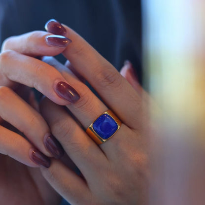 Striking Square Gemstone Ring - Genuine Lapis Lazuli - Adjustable