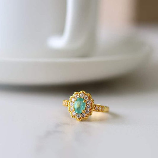 Emerald Gemstone Flower Ring - Real Emerald