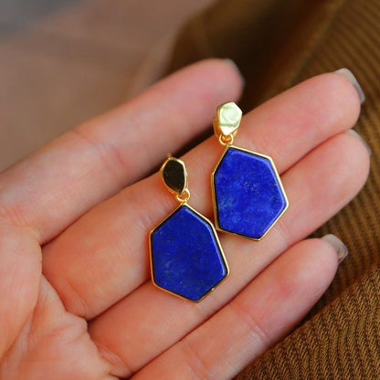 Vintage Inspired Natural Ocean Blue Lapis Lazuli Hexagon Drop Earrings - Gold Vermeil -AAAA Quality