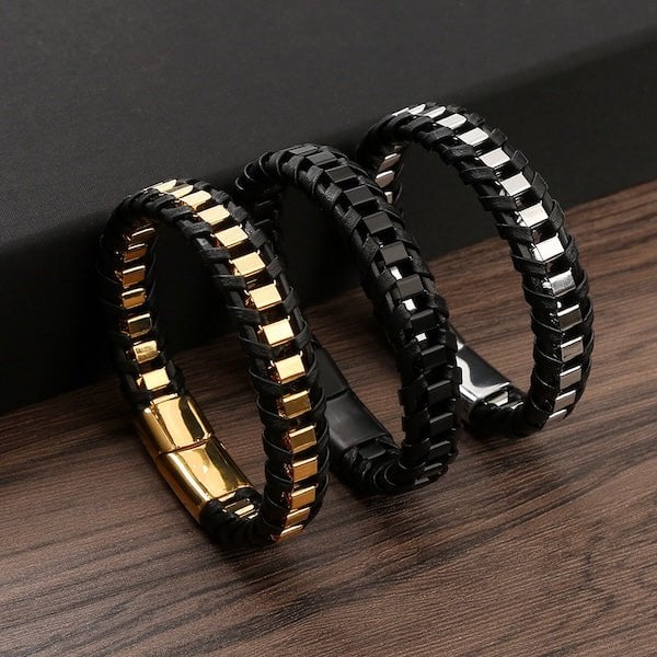 Men's Leather and Steel Fashion Bracelet