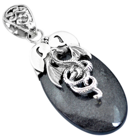 "Amulet of Courage" dragon necklace and pendant in black obsidian and 925 silver